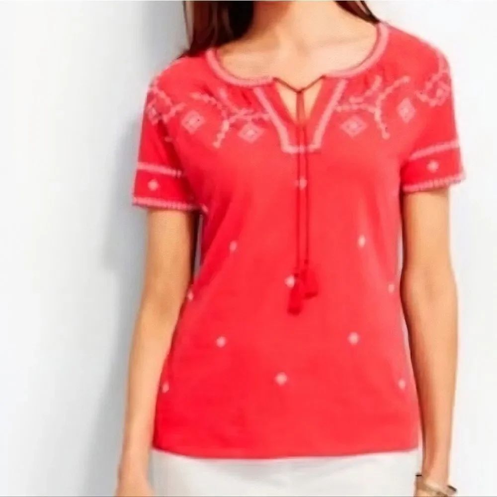 Talbots Embroidered Red Peasant Cotton Top
